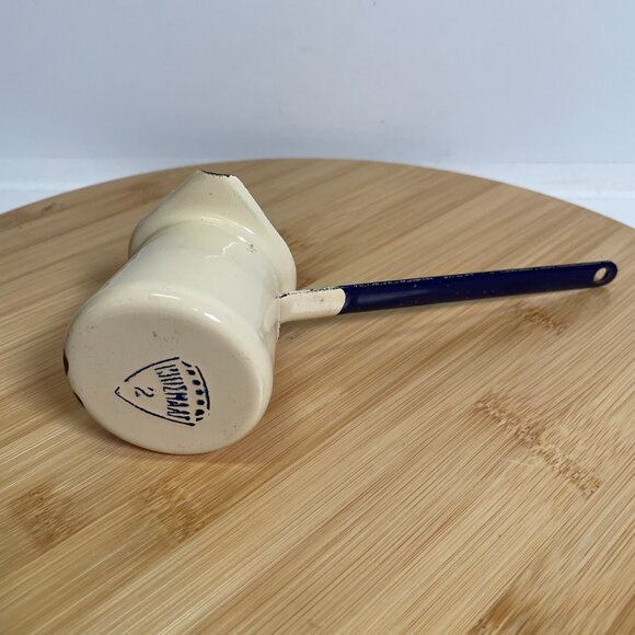 Vintage Cream Blue Enamel Melting Pot Enamelware Butter Syrup Turkish Coffee - Picture 6 of 6
